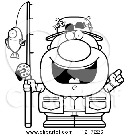 Clipart of a Black and White Fisherman with an Idea - Royalty Free Vector Illustration by Cory Thoman