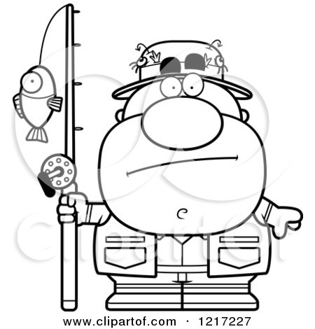 Clipart of a Black and White Bored Fisherman - Royalty Free Vector Illustration by Cory Thoman