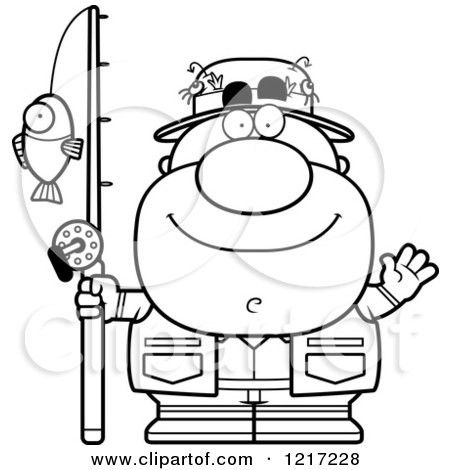 Clipart of a Black and White Friendly Waving Fisherman - Royalty Free Vector Illustration by Cory Thoman