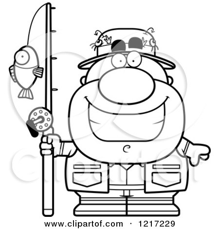 Clipart of a Black and White Happy Grinning Fisherman - Royalty Free Vector Illustration by Cory Thoman