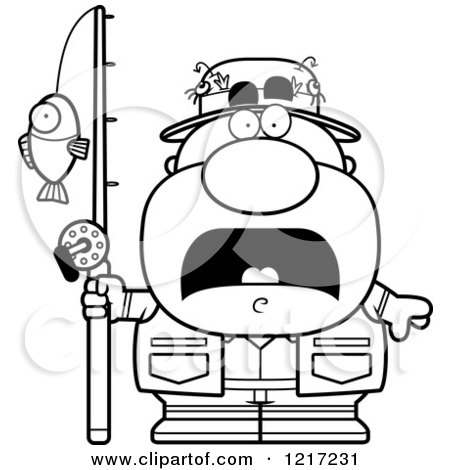 Clipart of a Black and White Scared Fisherman - Royalty Free Vector Illustration by Cory Thoman