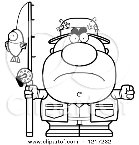 Clipart of a Black and White Mad Fisherman - Royalty Free Vector Illustration by Cory Thoman