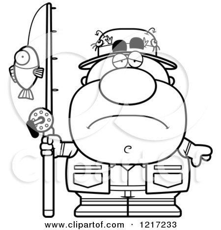 Clipart of a Black and White Depressed Fisherman - Royalty Free Vector Illustration by Cory Thoman