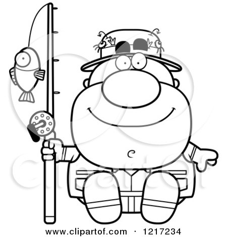 Clipart of a Black and White Happy Sitting Fisherman - Royalty Free Vector Illustration by Cory Thoman