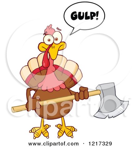 Clipart of a Gulping Thanksgiving Turkey Bird Holding an Axe - Royalty Free Vector Illustration by Hit Toon