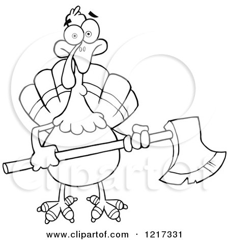 Clipart of an Outlined Thanksgiving Turkey Bird Holding an Axe - Royalty Free Vector Illustration by Hit Toon