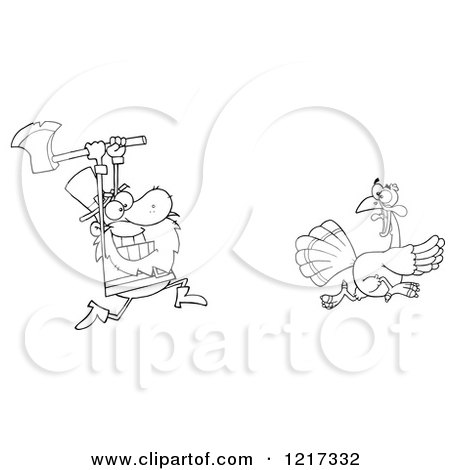 Clipart of an Outlined Hungry Pilgrim Chasing a Thanksgiving Turkey Bird with an Axe - Royalty Free Vector Illustration by Hit Toon