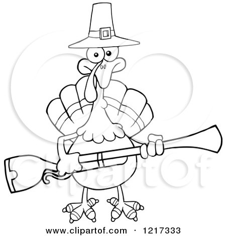 Clipart of an Outlined Thanksgiving Pilgrim Turkey Bird Holding a Musket - Royalty Free Vector Illustration by Hit Toon