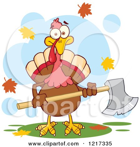 Clipart of a Thanksgiving Turkey Bird Holding an Axe, with Autumn Leaves - Royalty Free Vector Illustration by Hit Toon
