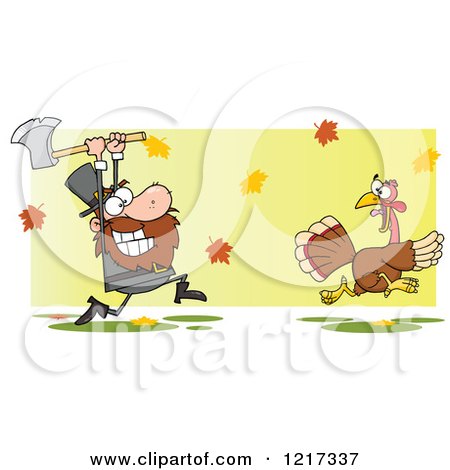 Clipart of a Hungry Pilgrim Chasing a Thanksgiving Turkey Bird with an Axe over Leaves - Royalty Free Vector Illustration by Hit Toon