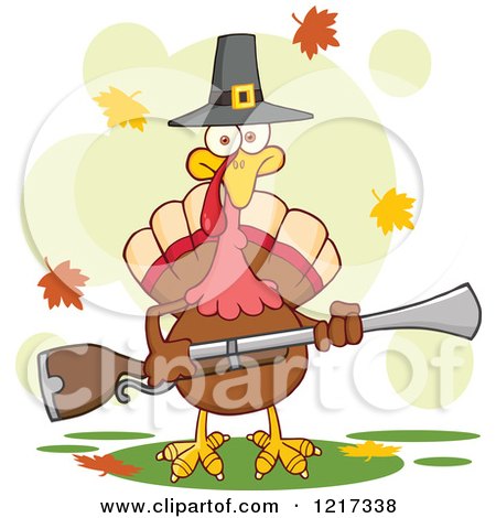 Clipart of a Thanksgiving Pilgrim Turkey Bird Holding a Musket with Fall Leaves - Royalty Free Vector Illustration by Hit Toon