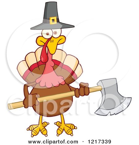 Clipart of a Thanksgiving Pilgrim Turkey Bird Holding an Axe - Royalty Free Vector Illustration by Hit Toon