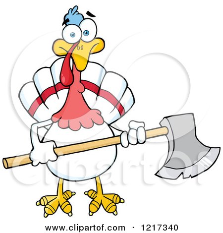 Clipart of a White Thanksgiving Turkey Bird Holding an Axe - Royalty Free Vector Illustration by Hit Toon