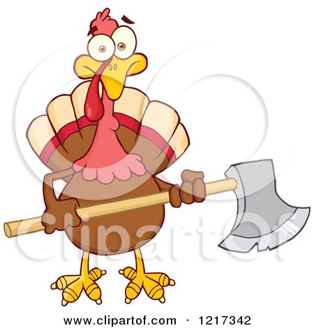 Clipart of a Thanksgiving Turkey Bird Holding an Axe - Royalty Free Vector Illustration by Hit Toon