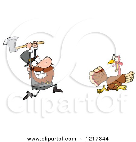 Clipart of a Hungry Pilgrim Chasing a Thanksgiving Turkey Bird with an Axe - Royalty Free Vector Illustration by Hit Toon