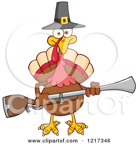 Clipart of a Thanksgiving Pilgrim Turkey Bird Holding a Musket - Royalty Free Vector Illustration by Hit Toon