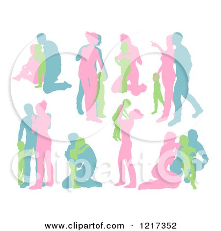 Clipart of Pink Green and Blue Silhouetted Families - Royalty Free Vector Illustration by AtStockIllustration