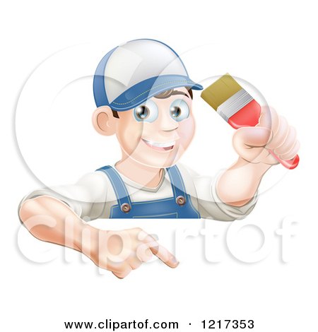 Clipart of a Happy Male House Painter Holding a Brush and Pointing down to a Sign - Royalty Free Vector Illustration by AtStockIllustration