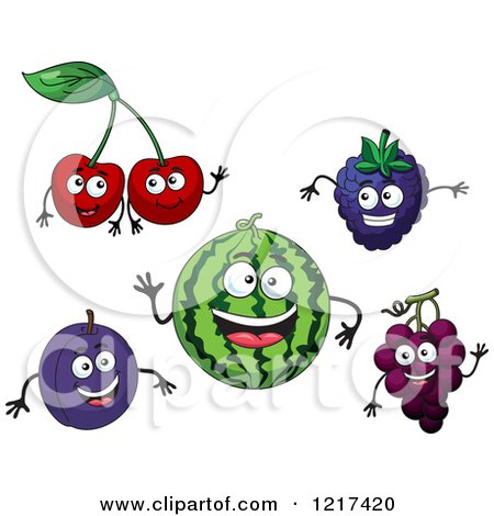 Clipart of Cheery Plum Watermelon Blackberry and Grape Characters - Royalty Free Vector Illustration by Vector Tradition SM