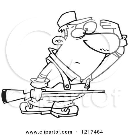 Clipart of an Outlined Cartoon Farmer or Hunter Shielding His Eyes and Holding a Rifle - Royalty Free Vector Illustration by toonaday