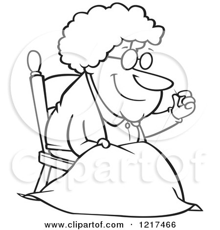 Clipart of an Outlined Cartoon Granny Making a Quilt - Royalty Free Vector Illustration by toonaday