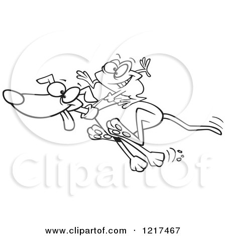 Clipart of an Outlined Cartoon Frog Riding on a Running Dog - Royalty Free Vector Illustration by toonaday