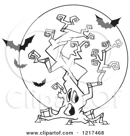 Clipart of an Outlined Cartoon Halloween Spooky Tree with Vampire Bats - Royalty Free Vector Illustration by toonaday