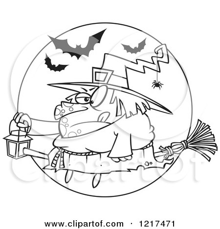 Clipart of an Outlined Cartoon Fat Halloween Witch Holding a Lantern on a Broomstick - Royalty Free Vector Illustration by toonaday