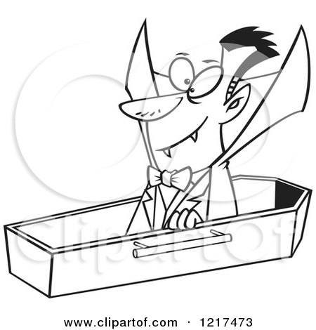 Clipart of an Outlined Cartoon Halloween Vampire Dracula Rising from His Coffin - Royalty Free Vector Illustration by toonaday