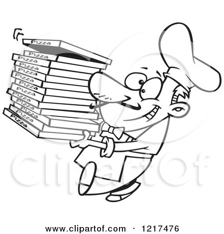 Clipart of an Outlined Cartoon Pizza Chef Carrying Delivery Boxes - Royalty Free Vector Illustration by toonaday