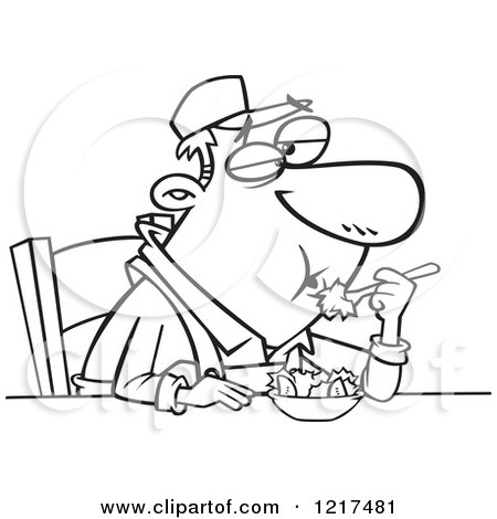 Clipart of an Outlined Cartoon Farmer Eating Salad - Royalty Free Vector Illustration by toonaday
