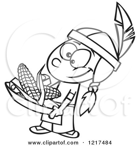 Clipart of an Outlined Cartoon Native American Boy Holding Corn - Royalty Free Vector Illustration by toonaday
