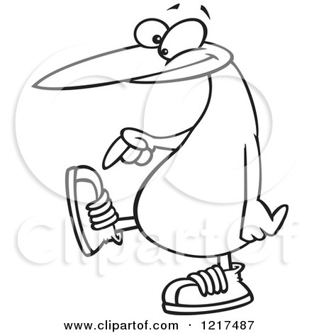 Clipart of an Outlined Cartoon Blue Footed Booby Bird Pointing to Its Sneakers - Royalty Free Vector Illustration by toonaday