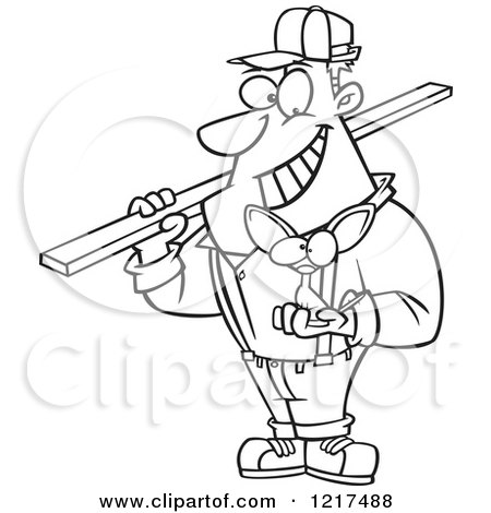 Clipart of an Outlined Cartoon Burly Contractor Holding a Tiny Chihuahua Dog - Royalty Free Vector Illustration by toonaday
