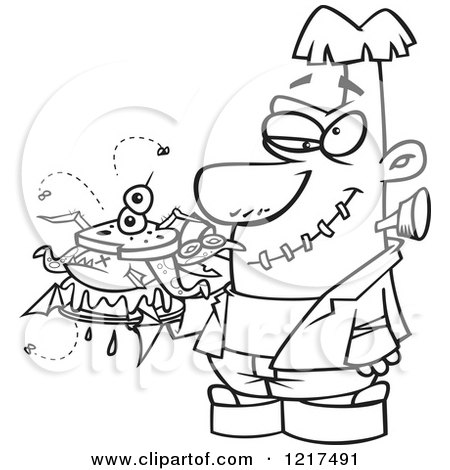 Clipart of an Outlined Cartoon Frankenstein Holding a Bad Sandwich - Royalty Free Vector Illustration by toonaday