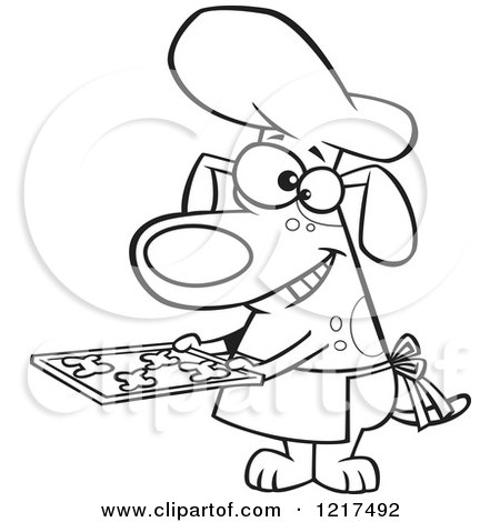 Clipart of an Outlined Cartoon Chef Dog Holding Fresh Baked Biscuits on a Tray - Royalty Free Vector Illustration by toonaday