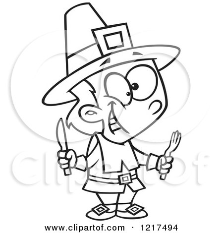 Clipart of an Outlined Cartoon Hungry Thanksgiving Pilgrim Boy Holding Silverware - Royalty Free Vector Illustration by toonaday
