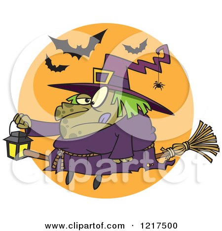 Clipart of a Cartoon Fat Halloween Witch Holding a Lantern on a Broomstick - Royalty Free Vector Illustration by toonaday