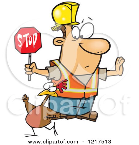 Clipart of a Cartoon Road Construction Worker Watching a Chicken Cross the Road - Royalty Free Vector Illustration by toonaday