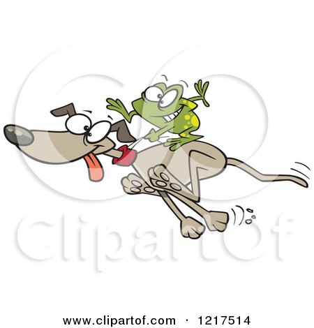 Clipart of a Cartoon Frog Riding on a Running Dog - Royalty Free Vector Illustration by toonaday
