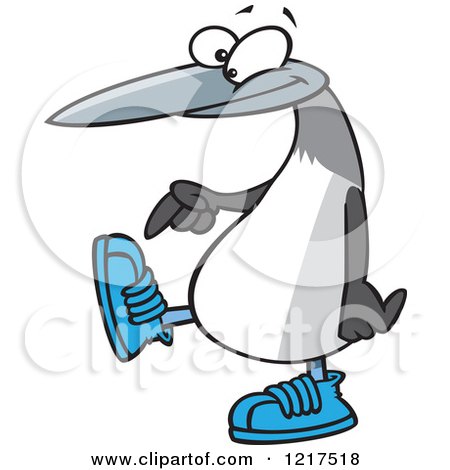 Clipart of a Cartoon Blue Footed Booby Bird Pointing to Its Sneakers - Royalty Free Vector Illustration by toonaday