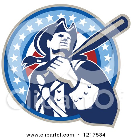 Clipart of a Retro Patriot Soldier Baseball Player with a Bat over His Shoulder in an American Circle - Royalty Free Vector Illustration by patrimonio
