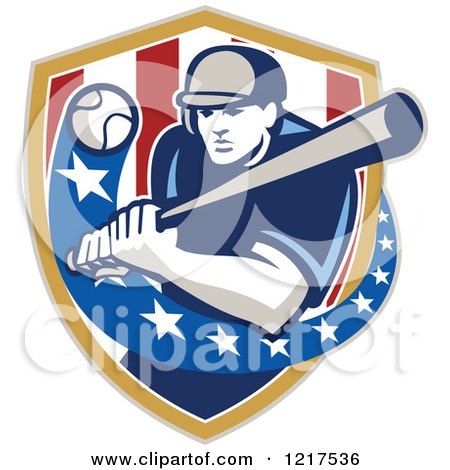 Clipart of a Retro Baseball Player Swinging a Bat over an American Shield - Royalty Free Vector Illustration by patrimonio