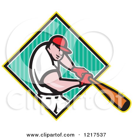 Clipart of a Baseball Player Swinging a Bat over a Striped Diamond - Royalty Free Vector Illustration by patrimonio
