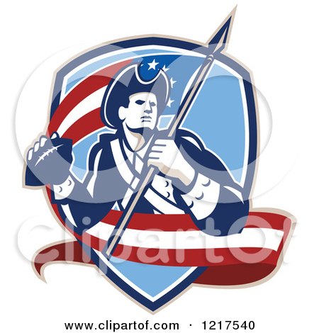 Clipart of a Retro American Patriot Soldier with an American Football and Flag in a Shield - Royalty Free Vector Illustration by patrimonio