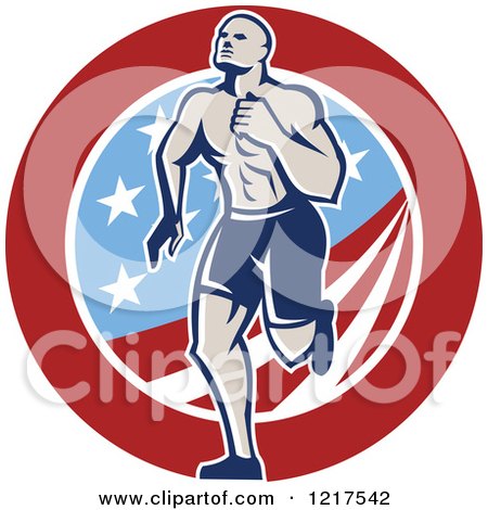 Clipart of a Retro Crossfit Athlete Man Running over an American Circle - Royalty Free Vector Illustration by patrimonio