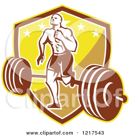 Clipart of a Retro Crossfit Athlete Man Running over a Barbell on a Shield - Royalty Free Vector Illustration by patrimonio