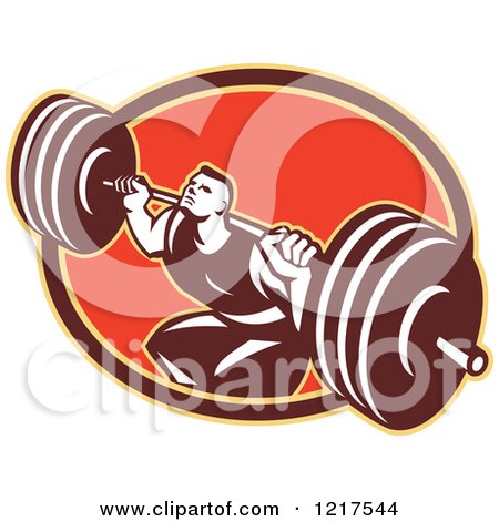 Clipart of a Retro Crossfit Athlete Man Squatting with a Heavy Barbell over an Oval - Royalty Free Vector Illustration by patrimonio