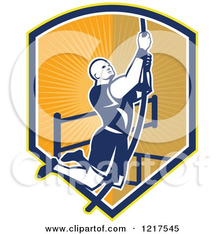 Clipart of a Retro Crossfit Athlete Climbing a Rope over a Shield of Rays - Royalty Free Vector Illustration by patrimonio