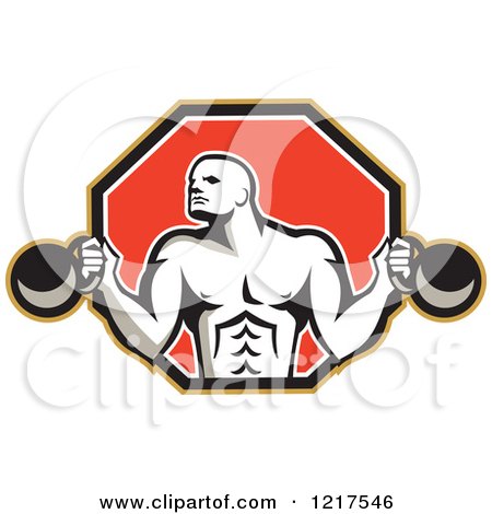 Clipart of a Retro Crossfit Bodybuilder with Kettlebells in a Red Hexagon - Royalty Free Vector Illustration by patrimonio